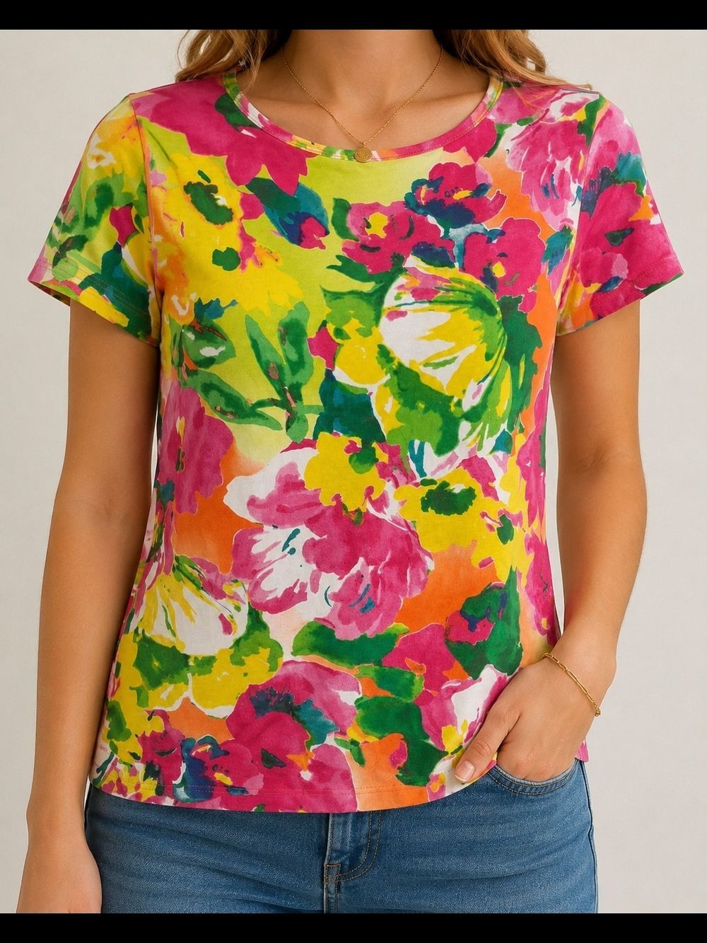 Lauren Ralph Lauren Floral Cotton Short Sleeve Top Women's Medium Multi Color